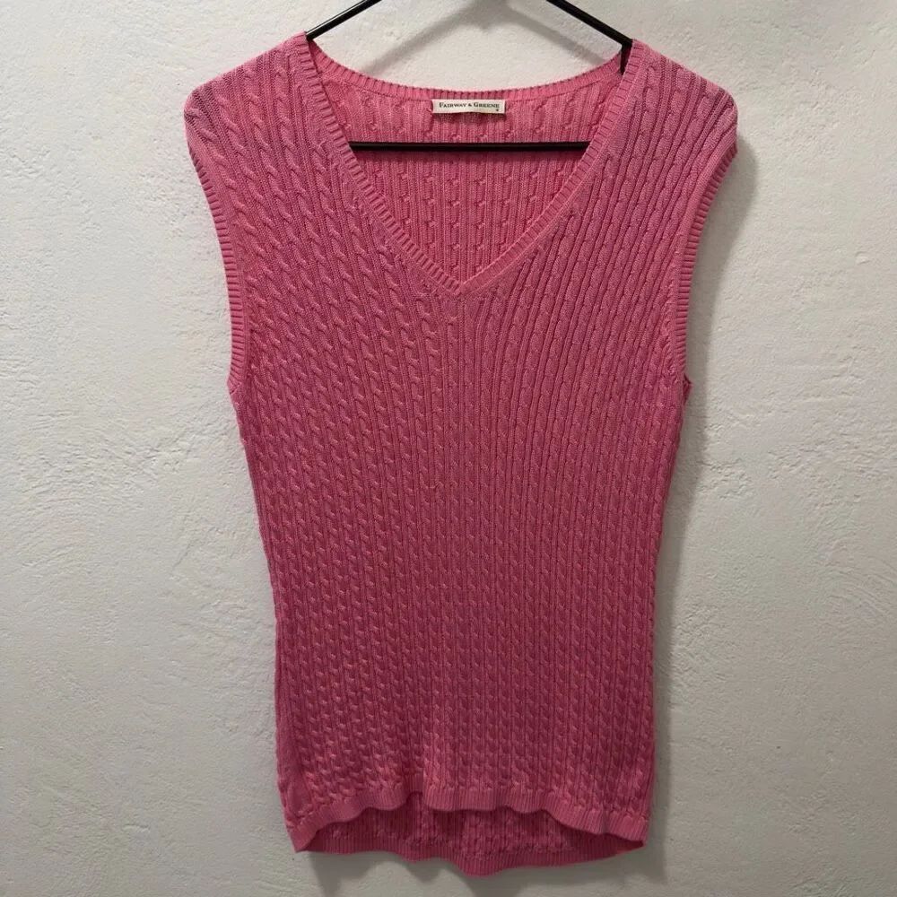 Vintage 90s Pink Cable Knit Stretchy V-Neck Sweater Vest M